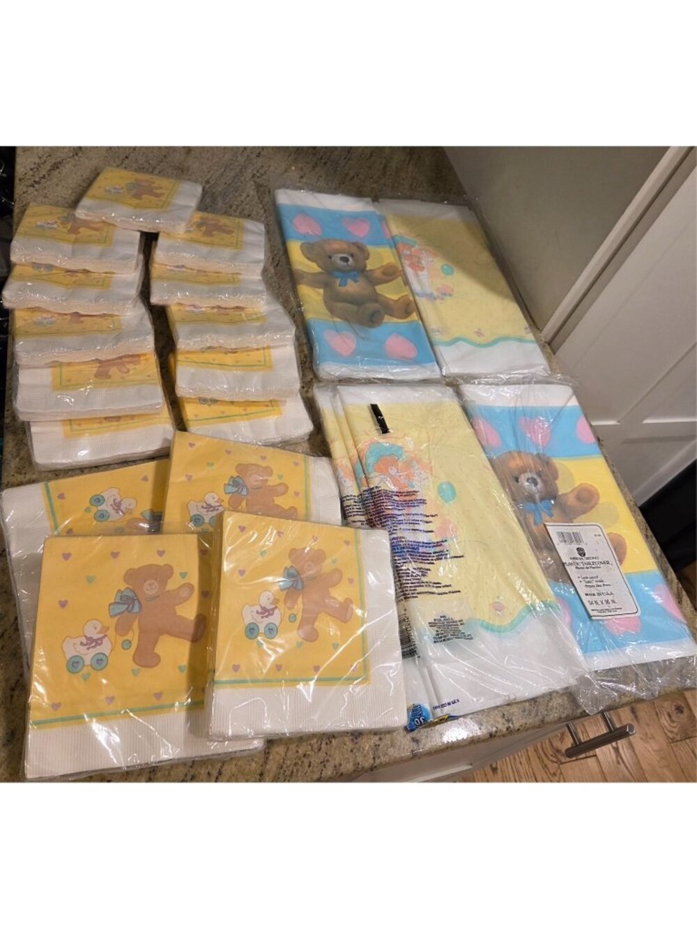 Vtg 80's 90's Lot of 4 Baby Shower Tablecloth Bear Heart Pony & 240 Napkins